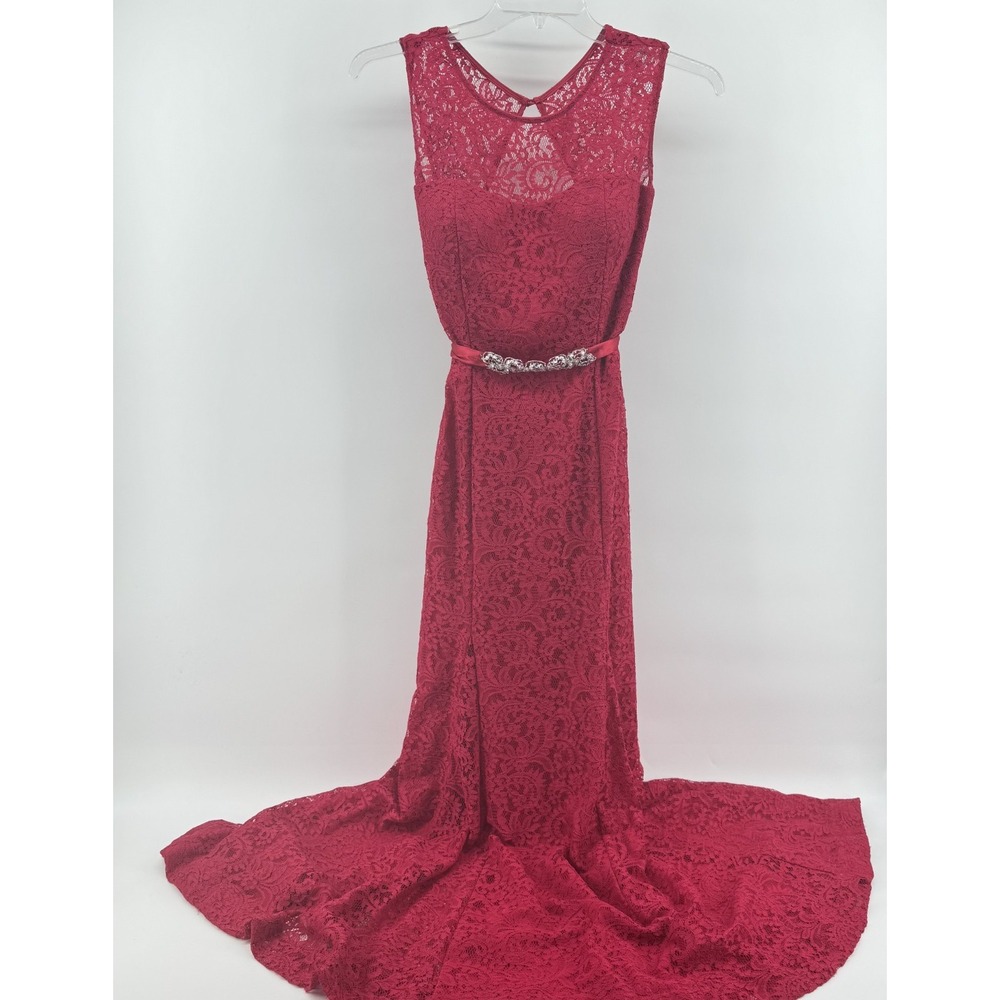 Betsy & Adam Lace Mermaid Gown Womens 10 Pink Open Back Rhinestone Belted Maxi